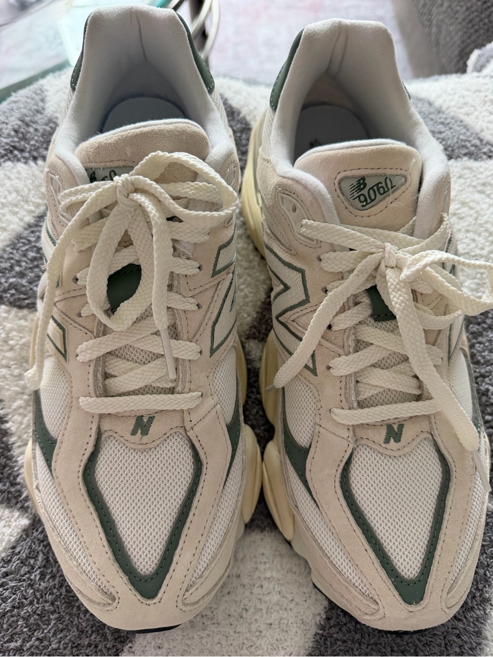 New Balance 9060 Cream and Green Athletic Sneakers
